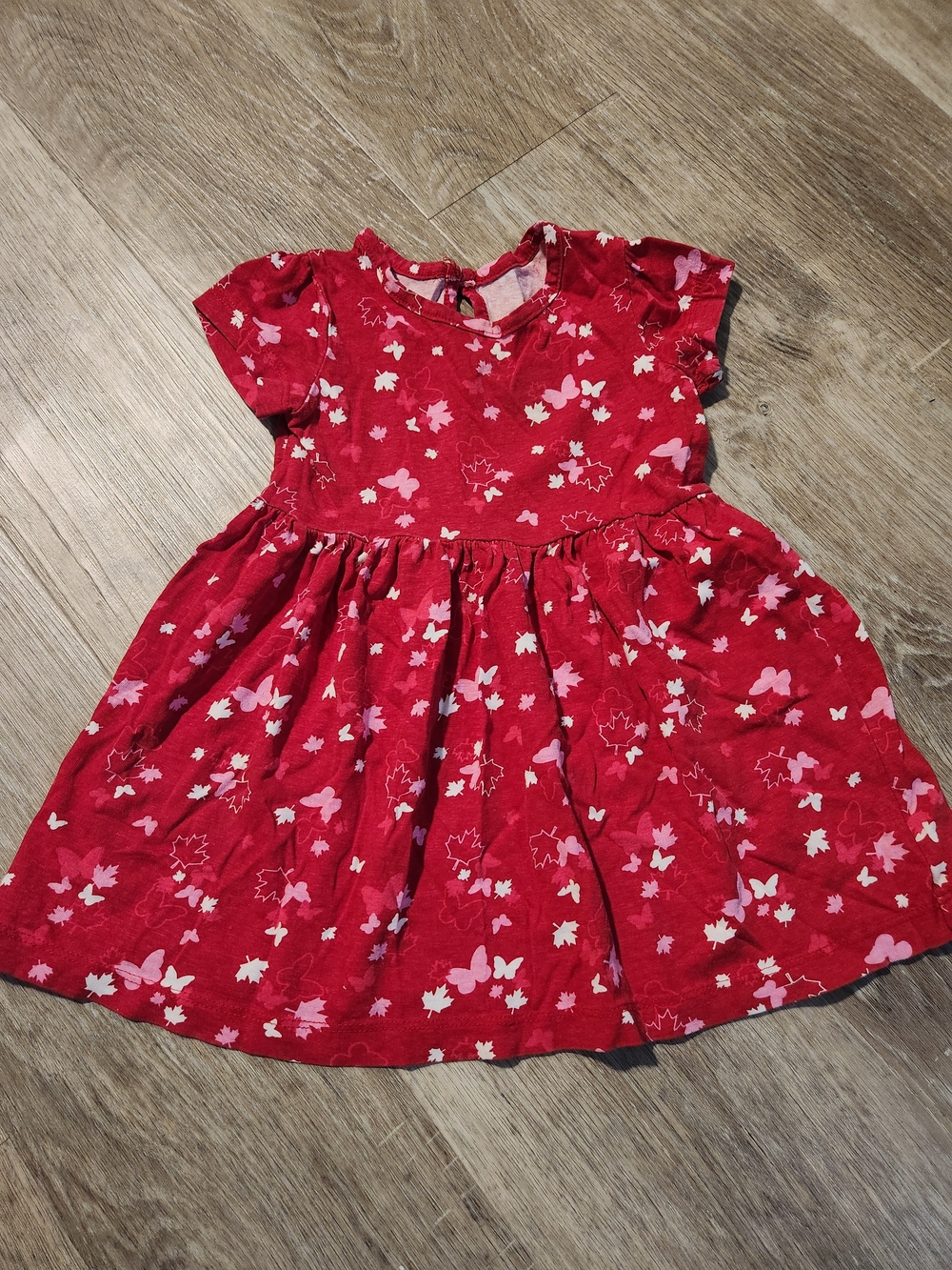 Girls Red Floral & Butterfly "CANADA" Short Sleeve Dress